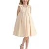 Champagne Gold Palermo Satin Bow Pleated Dress