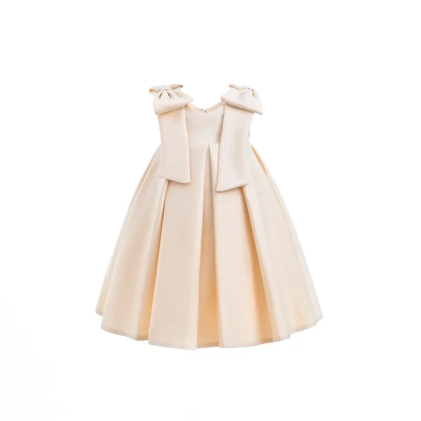 Champagne Gold Palermo Satin Bow Pleated Dress