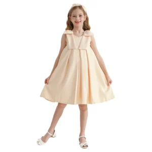 Champagne Gold Palermo Satin Bow Pleated Dress