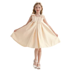 Champagne Gold Palermo Satin Bow Pleated Dress