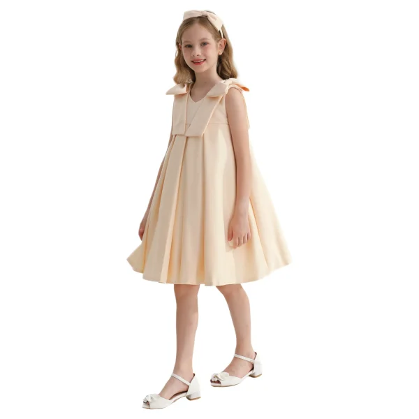 Champagne Gold Palermo Satin Bow Pleated Dress