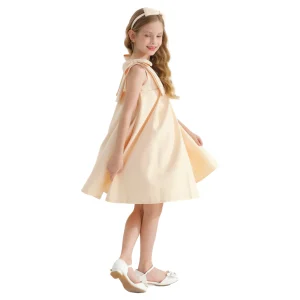 Champagne Gold Palermo Satin Bow Pleated Dress