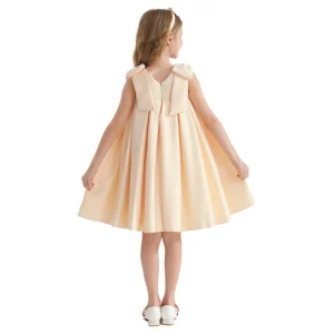 Champagne Gold Palermo Satin Bow Pleated Dress