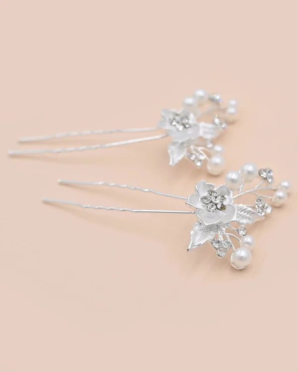 Crystal Flower Pearl Accent Hair Pins