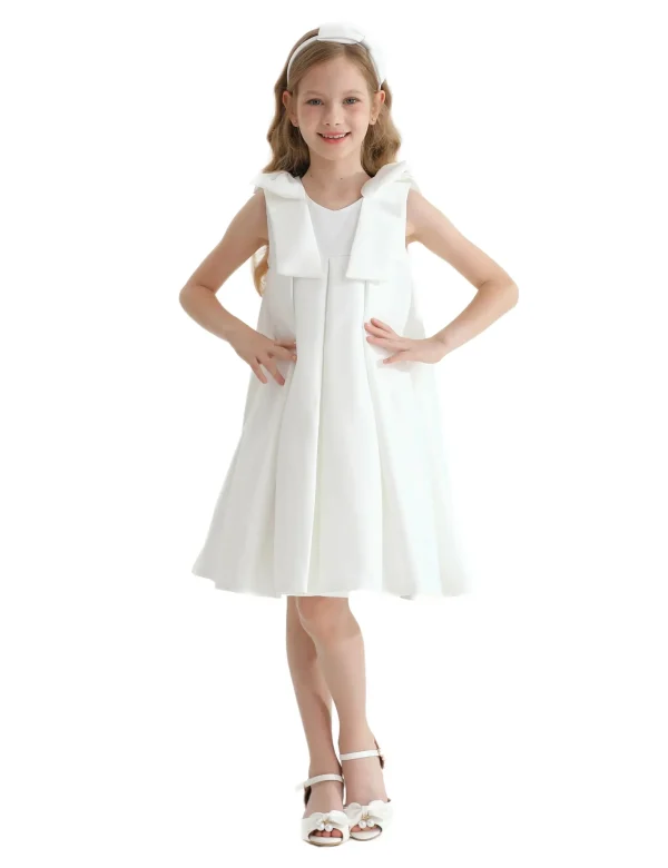 Ivory Palermo Satin Bow Pleated Dress