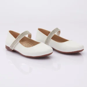 Patent White Rhinestone Strap Flats