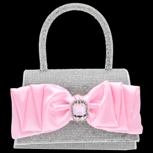 Pink Bow Accented Silver Rhinestone Handbag