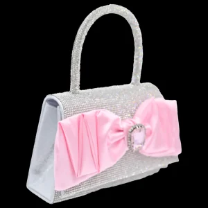 Pink Bow Accented Silver Rhinestone Handbag