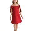 Red Luneta Off Shoulder Bow Dress