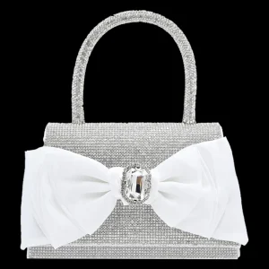 White Bow Accented Silver Rhinestone Handbag