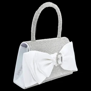 White Bow Accented Silver Rhinestone Handbag