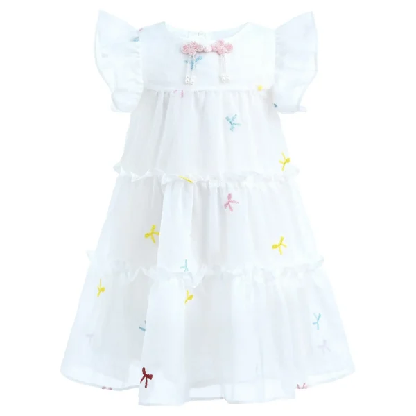 White Bow Embroidered Summer Dress