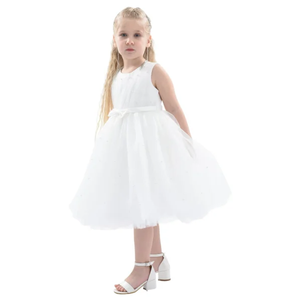 White Pearl Bow Tulle Dress