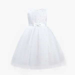 White Pearl Bow Tulle Dress