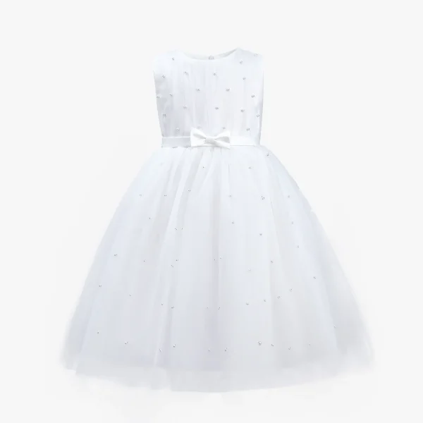 White Pearl Bow Tulle Dress