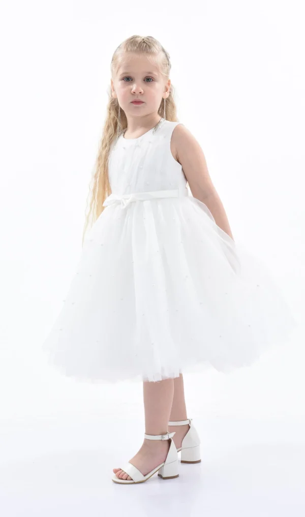 White Pearl Bow Tulle Dress