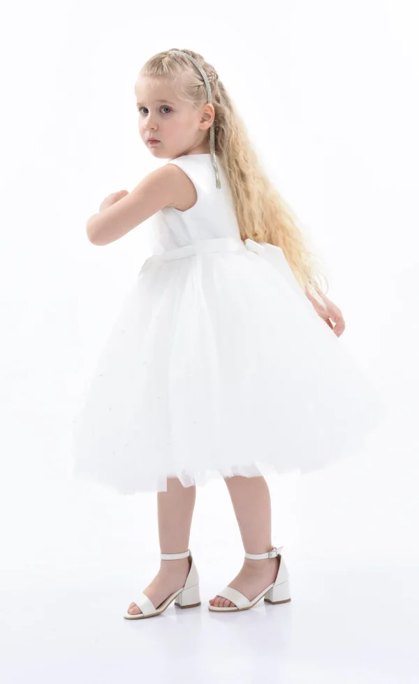 White Pearl Bow Tulle Dress