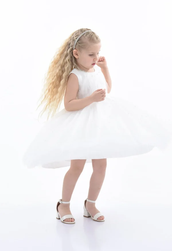 White Pearl Bow Tulle Dress